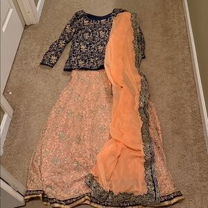 Navy blue and Peach Fabric Lengha or Sharara- wedding outfit